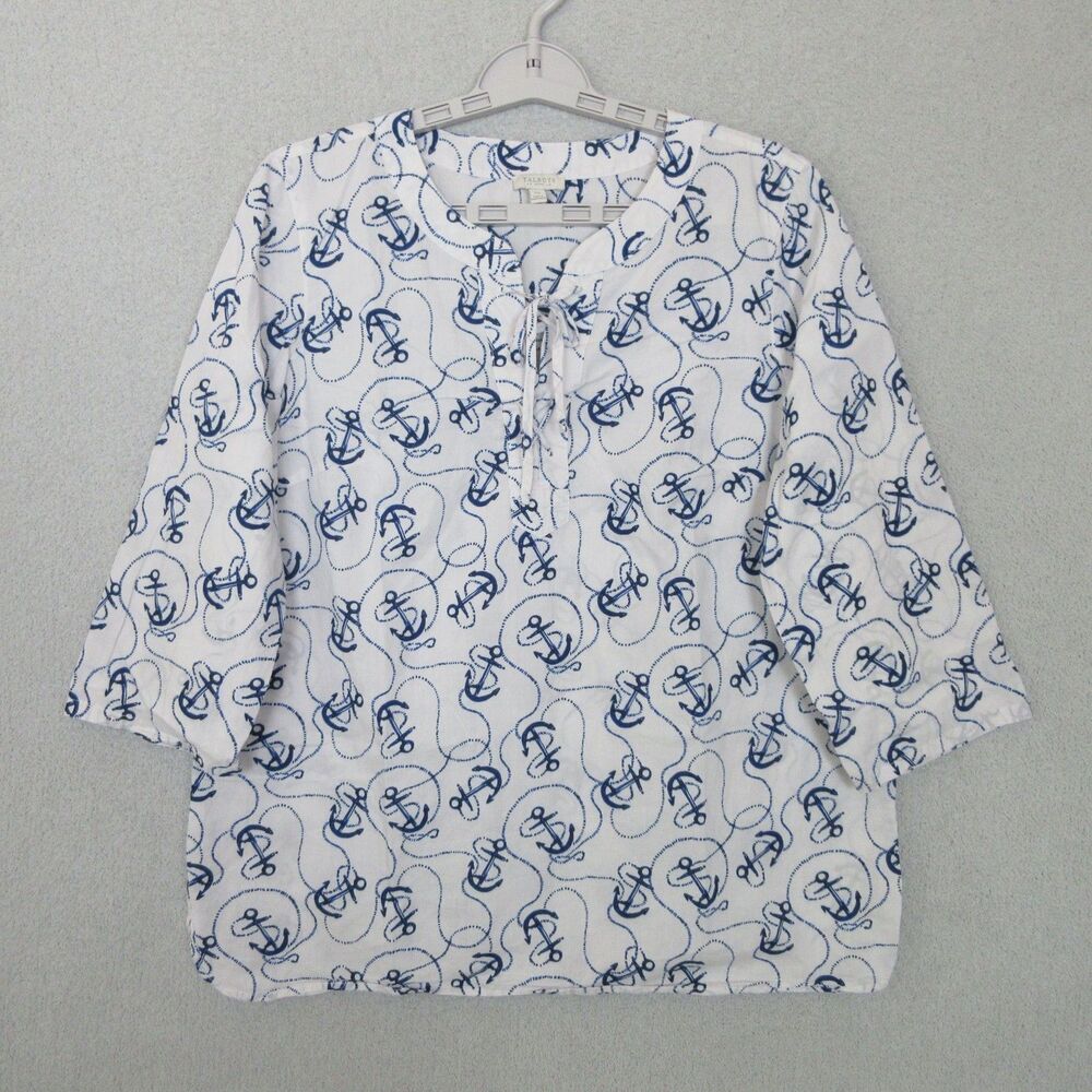 Talbots Top Womens Petite MP White Navy Nautical Cotton Tie Neck 3/4 Sleeve